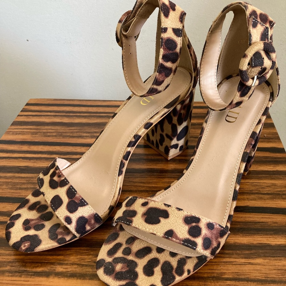 ASOS RAID leopard print faux suede ankle strap heels